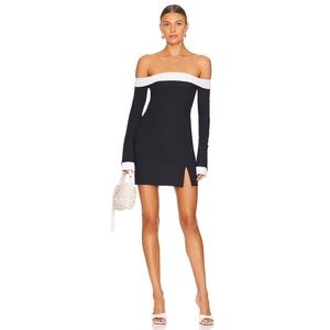 Bec + Bridge Cece Off Shoulder Mini Dress in Ink Stripe Navy White Pinstripe